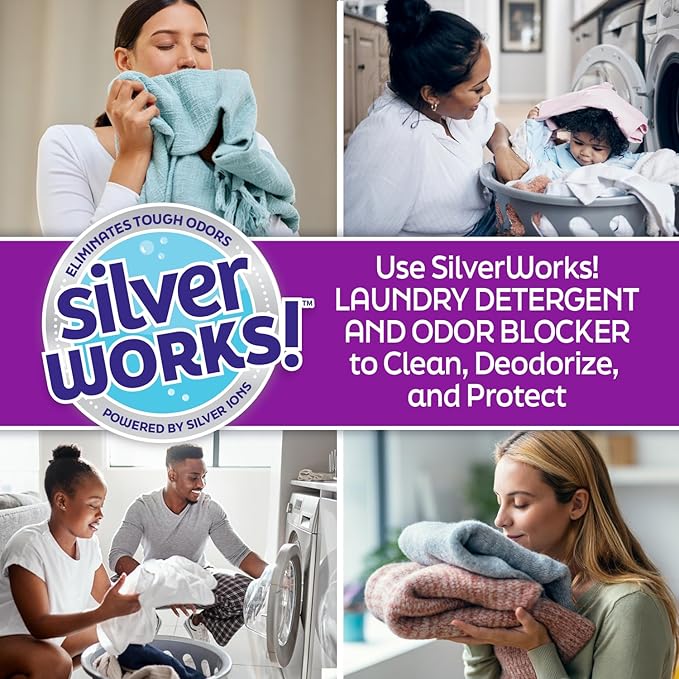 SilverWorks! Powerful Odor Eliminating Laundry Detergent Liquid, Silver Ion Deodorizer Technology, Laundry Odor Eliminator For Clothes, Cleans, Deodorizes & Protects - 33 fl oz, 66 Loads, Free & Clear