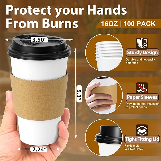 Clawsoff 100 Pack 16 oz Disposable Paper Coffee Cups with Lids and Sleeves, Sturdy Thick Paper Cups with Lids(White)