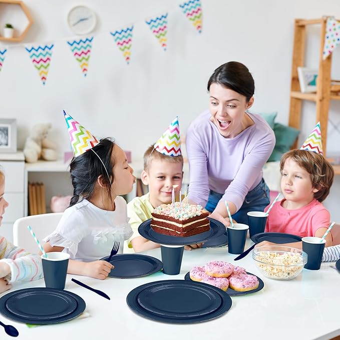 228PCS Navy Blue Party Supplies Set Include Paper Plates Cups Paper Napkins Plastic Spoons Forks Knives for 30 Guests Disposable Party Dinnerware for Birthday Wedding Family Picnic