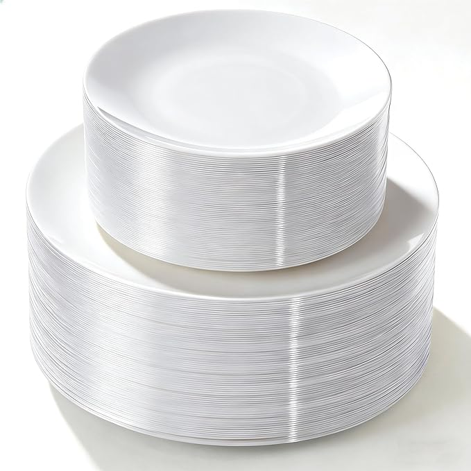 Lullaby 100PCS White Plastic Plates, Disposable White Plastic Plate, 50PCS Dessert Plates 7" and 50PCS Dinner Plates 10", Perfect for Party Wedding and Daily Use