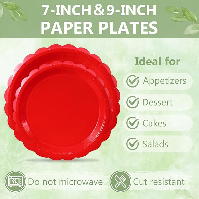 Mulbozy 100 Red Plates and Napkins Disposable Set Includes 25-9" & 25-7" Dessert Cake Scalloped Plates, Cocktail Napkins, Forks for for Holiday Party Supplies