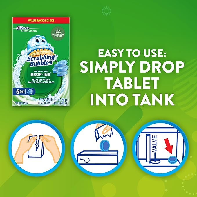 Scrubbing Bubbles Continuous Clean Toilet Drop-Ins, Automatic Blue Toilet Bowl Cleaner, Septic-Safe Tank Tablets Remove Hard Water Minerals & Limescale, Stain & Smell Protection, 5 Count (Pack of 6)