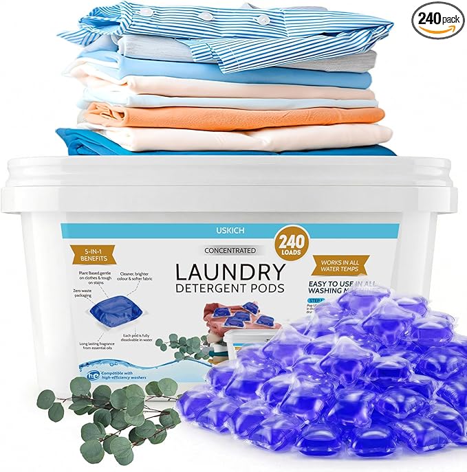 240 Pack Laundry Detergent Pods- 5-in-1 Stain Remover Laundry Soap Pods- Ultra Concentrated,Dissolvable Detergent Pods Bulk for Washing Machines,Eucalyptus Scent