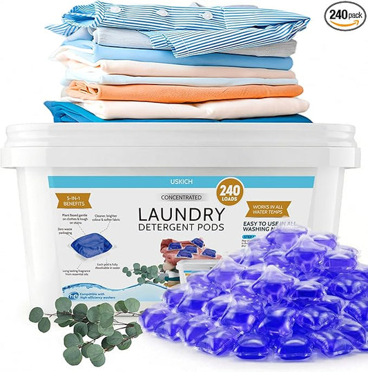 240 Pack Laundry Detergent Pods- 5-in-1 Stain Remover Laundry Soap Pods- Ultra Concentrated,Dissolvable Detergent Pods Bulk for Washing Machines,Eucalyptus Scent