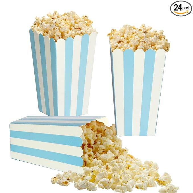 XIEHE 24 Pack Striped Popcorn Boxes - Carnival Parties Mini Paper Popcorn and Candy Containers, Party Supplies for Movie Nights (Blue)
