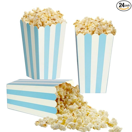 XIEHE 24 Pack Striped Popcorn Boxes - Carnival Parties Mini Paper Popcorn and Candy Containers, Party Supplies for Movie Nights (Blue)