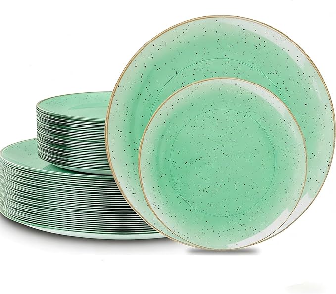 Liacere 32PCS Green Plastic Plates - Green Stone Plastic Disposable Tableware Plates Modern Dinnerware Set - Wedding & Warm Winter & Party & St. Patrick's Day & Easter Day