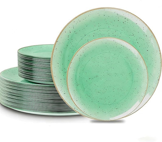 Liacere 32PCS Green Plastic Plates - Green Stone Plastic Disposable Tableware Plates Modern Dinnerware Set - Wedding & Warm Winter & Party & St. Patrick's Day & Easter Day