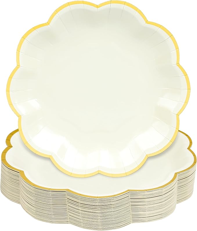 AimFun Beige Party Plates Cream Dessert Paper Plates 7inch Gold Foil Scalloped Edge Disposable Cake Plates for Tea Party Birthday Bridal Baby Shower Wedding Party Supplies (48, Beige)