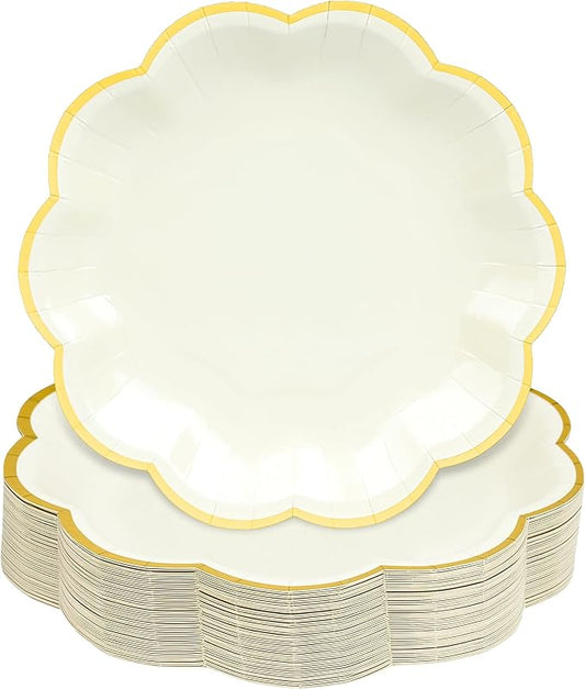 AimFun Beige Party Plates Cream Dessert Paper Plates 7inch Gold Foil Scalloped Edge Disposable Cake Plates for Tea Party Birthday Bridal Baby Shower Wedding Party Supplies (48, Beige)