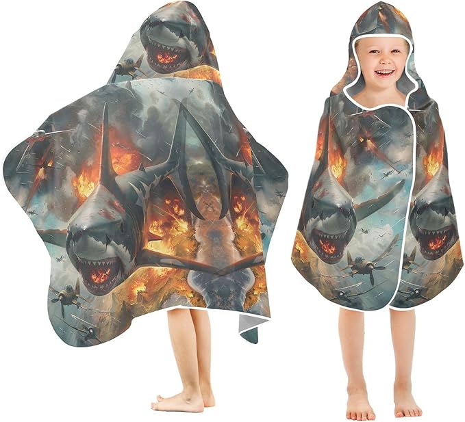 Hooded Towel for Kids Shark and War Fire Beach Wrap Bath Towels 50x23.5in
