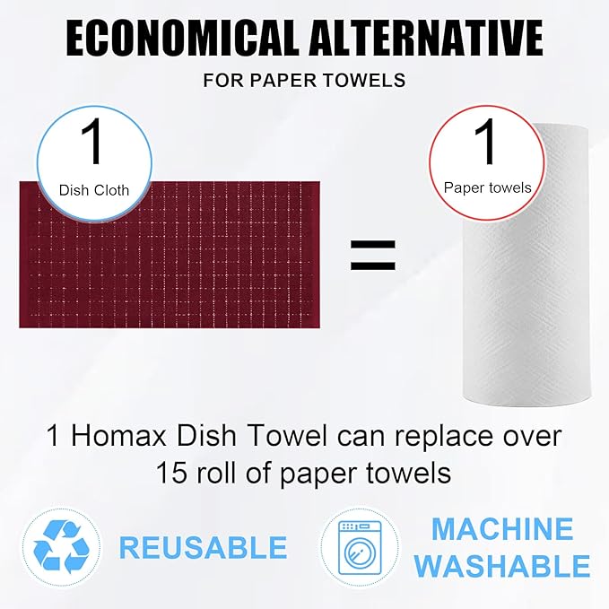 Homaxy 100% Cotton Terry Kitchen Towels(Burgundy Red, 13 x 28 inches), Checkered Designed, Soft and Super Absorbent Dish Towels, 8 Pack