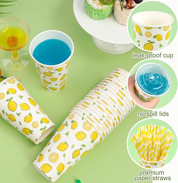 Tessco 150 Pieces/ 50 Sets Lemonade Cup with Lids and Paper Straws 12oz Disposable Iced Coffee Paper Summer Lemon Citrus Cold Cup for Fruit Party Iced Coffee Cold Beverages Drinks Juices
