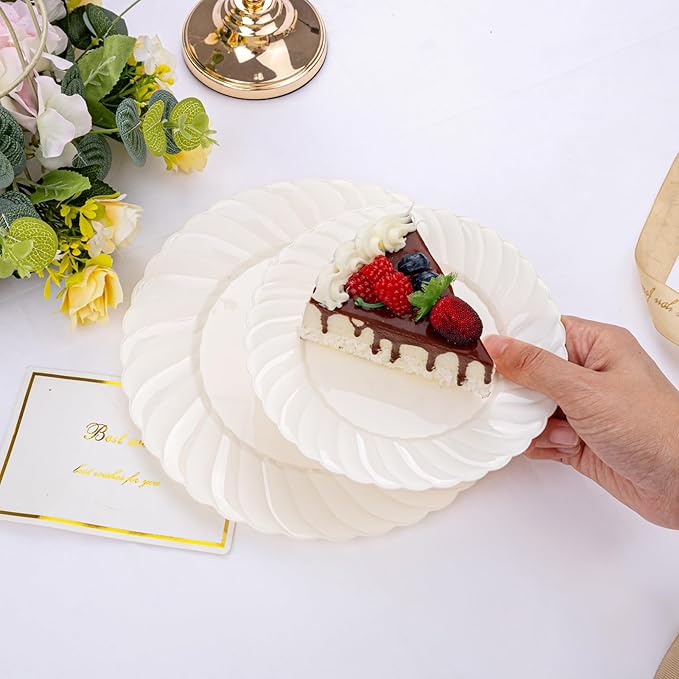 U-QE 100 Piece Ivory Scalloped Plastic Plates for Party - Plastic Plates Disposable Heavy Duty - High End Disposable Plates for Wedding Including 50PCS 9 '' Dinner Plates & 50PCS 6.5 '' Dessert Plates