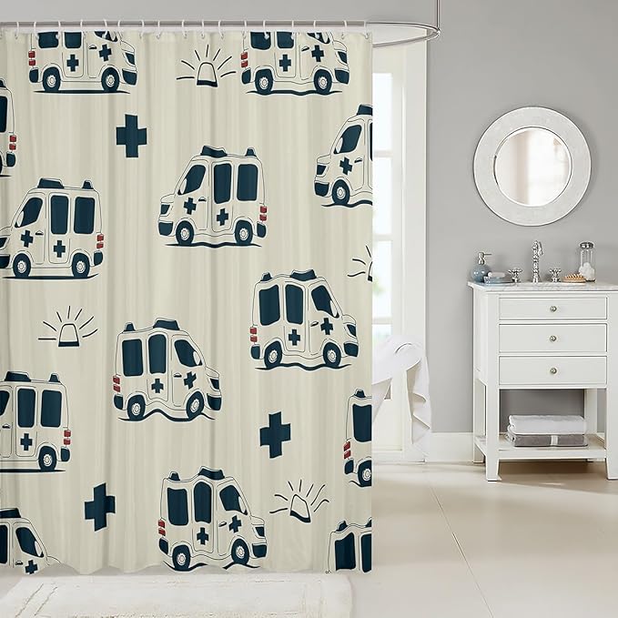 Feelyou Cartoon Ambulance Bath Curtain Car Shower Curtain Decor Car Bathroom Shower Curtain Set Polyester Emergency Responder Vehicles Beige Bathroom Accessories 72"x78"