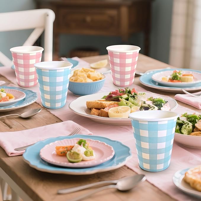 Light Blue and Pink Paper Cups,9 Oz Gingham Light Blue and Pink Disposable Cups,Paper Cups for Birthday Wedding Party Supplies(50 Pcs)
