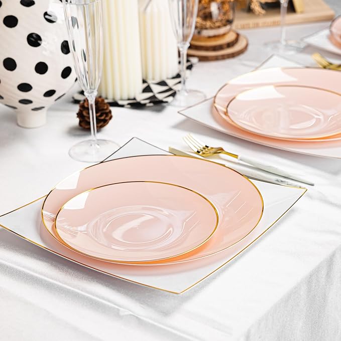 Lullaby 100PCS Pink and Gold Plastic Plates, Disposable Pink Plastic Plate with Gold Rim, 50PCS Dessert Plates 7" and 50PCS Dinner Plates 10", Perfect for Party Wedding and Daily Use
