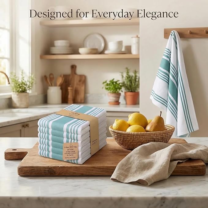 Urban Villa Kitchen Towels 100% Cotton Dish Towels for Kitchen (Set of 6) 20”x30” Dish Cloths Highly Absorbent Kitchen Linen Set with Hanging Loop Perfect for Drying Dishes Cleaning Towels-Aqua White