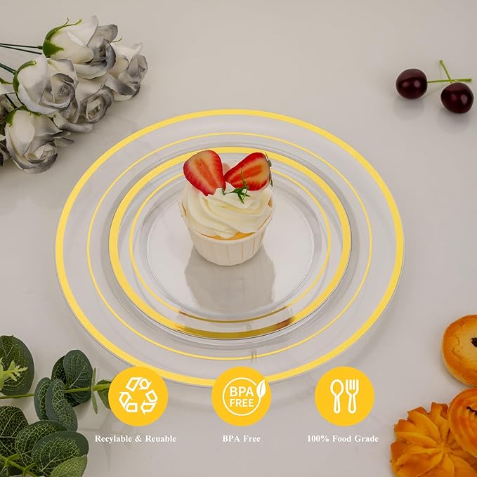 Goodluck 200PCS Clear Gold Plastic Plates, Heavy Duty Disposable Clear Plates with 100 10.25 inch Dinner Plates and 100 7.5 inch Dessert Plates for Party, Holiday, Wedding
