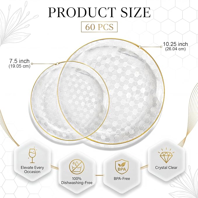 Festiva 60PCS Clear Gold Plastic Plates - Heavy Duty Fancy Disposable Plates With Gold Rim-serve for 30 guests Include 30PCS 10.25" & 30PCS 7.5" Honeycomb Design Plates for Party(Clear)