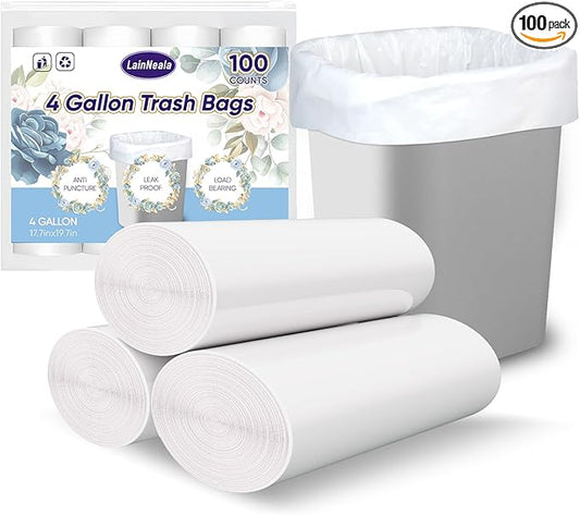 LainNeala Small Trash Bags 4 Gallon, 100 Count Small Garbage Bag Bathroom White Mini Trash Bag Trash Can Liners Unscented Small Garbage Bags for Bathroom Can