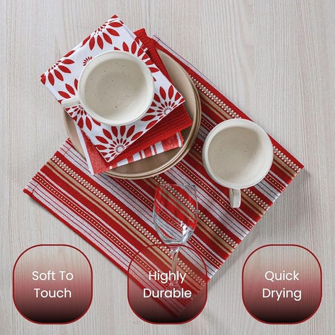 Assorted Kitchen Towels Large 16x26 inch 100% Cotton Set of 5 - Soft Absorbent Washable Tea Towel for Kitchen - Dish Cloths Towel with Hanging Loop - Quick Drying Dish Towels Red