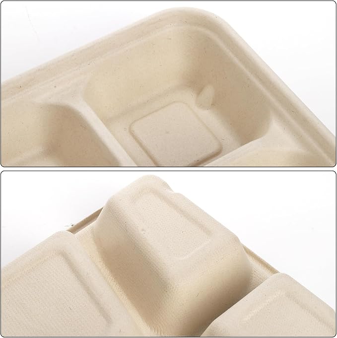 Peohud 50 Pack 6 Compartment Disposable Paper Plates, Bagasse School Lunch Tray, Heavy-Duty Sugarcane Plates, Microwavable Safe