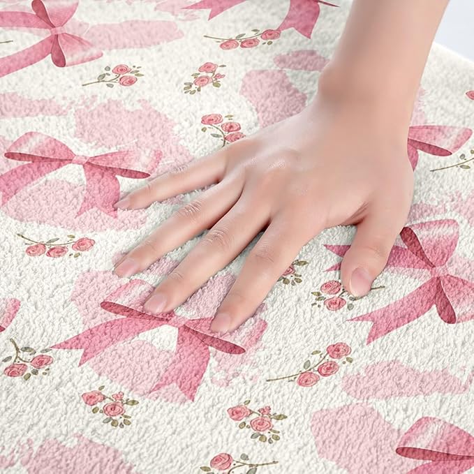 Pink Bowknot Kids Bath Mats,Princess Lips Roses Flowers Romantic Mats Rugs for Girls,Bow Tie Geometric Patchwork Bath Carpets,Modern Fashion Bath Rugs,Absorbent Floor Mats,20Wx32L Inches
