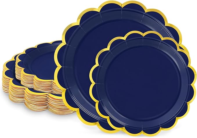 50 Pcs Navy Blue Paper Plates, 25 Pcs 9" and 25 Pcs 7" Disposable Navy Blue Scalloped Plates with Gold Foil for Graduation Wedding Baby Shower Birthday Party Picnic BBQ Halloween