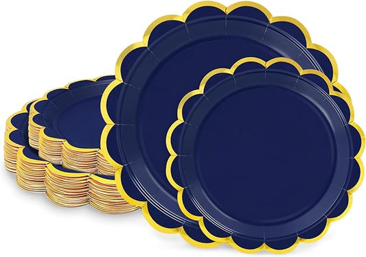 50 Pcs Navy Blue Paper Plates, 25 Pcs 9" and 25 Pcs 7" Disposable Navy Blue Scalloped Plates with Gold Foil for Graduation Wedding Baby Shower Birthday Party Picnic BBQ Halloween