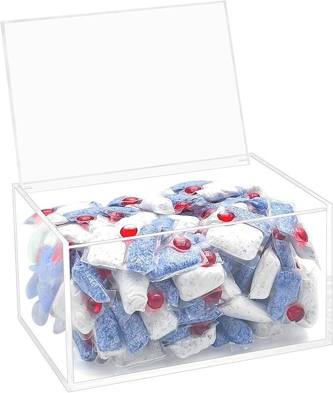 Dishwasher Pod Holder Acrylic with Hinged Lid, Modern Style Dishwasher Cleaner Tablets Container Box for Detergent, Clear