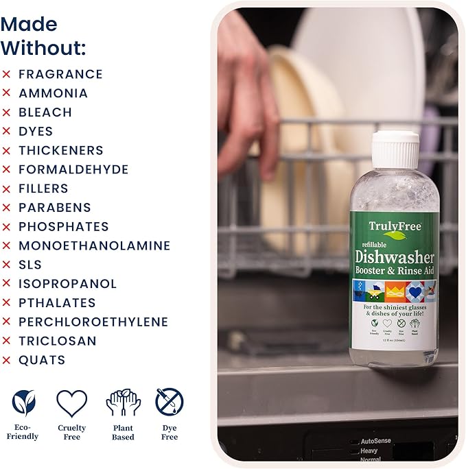 Truly Free Natural Dishwasher Booster & Rinse Aid Kit - Non-Toxic Dishwashing Aid Formula, Removes Residue & Tough Dish Stains, Water Spot Remover - 12 oz Reusable Empty Bottle + One Fill, 3 oz
