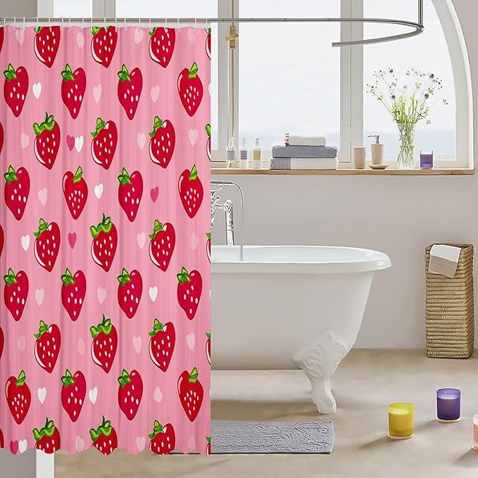 Red Strawberry Bath Curtain 72"Wx72"L,Kawaii Fruit Shower Curtain Cartoon Food Bathtubs Shower Curtain Set for Girls Women,Tropical Fruit Novelty Funny Fruit Cute Lovely Bathroom Decor Pink