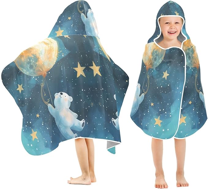 Hooded Towel for Kids Lovely Blue White Bear Flying in Starry Sky Beach Wrap Bath Towels 50x23.5in