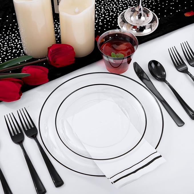 NOCCUR 350PCS Clear and Black Plastic Plates - Disposable Dinnerware Set for 50 Guests Include 100 Dinner/Dessert Plates,150 Black Cutlery,50 Cups&50 Napkins Ideal for Party/Birthday/New Year