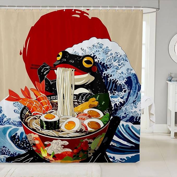 Japanese Frog Shower Curtain Set,Japanese Lamian Noodles Bathroom Curtain ,Kids Boys Teens Retro Vkiyoe Sunset Wave Waterproof Fabrics Funny Anime Style Bathtub Decor with 12 Hooks,72"W x 78"L