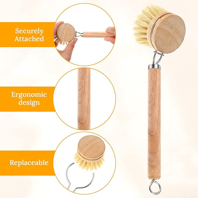 12-Piece Wooden Kitchen Dish Brush Set with One Bamboo Handle & 11 Replacement Heads, Natural Fiber Scrubber for Pots Pans Bottles Vegetables Cleaning