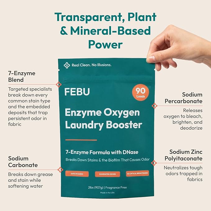 FEBU Enzyme Oxygen Laundry Booster | 7-Enzymes Including DNase | Odor Eliminator & Stain Remover for Sweat, Pet & Musty Odors | Concentrated Powder, Hypoallergenic, USA-Made | Fragrance Free, 2lbs
