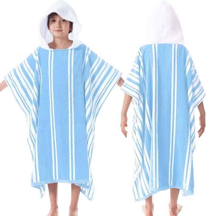 VOOVA & MOVAS Big Kids Poncho Towel with Hood - Teens Hooded Pool Towel Robe (8-16Years), Large and Absorbent Cotton - Versatile for Beach, Pool, Swim, and Bath,Light Blue Stripe