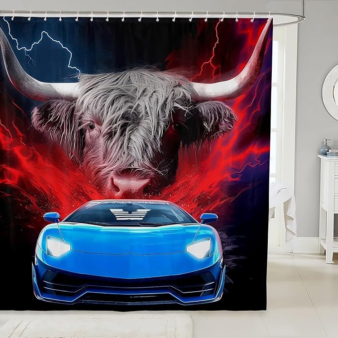 Sports Car Shower Curtain 72"Wx72"L Highland Cow Bathtubs Shower Curtain Set,Farm Animals Racing Car Bath Curtain Cool Red Blue Lightning Bathroom Accessories,Boys Kids Car Themed Toilet Decor