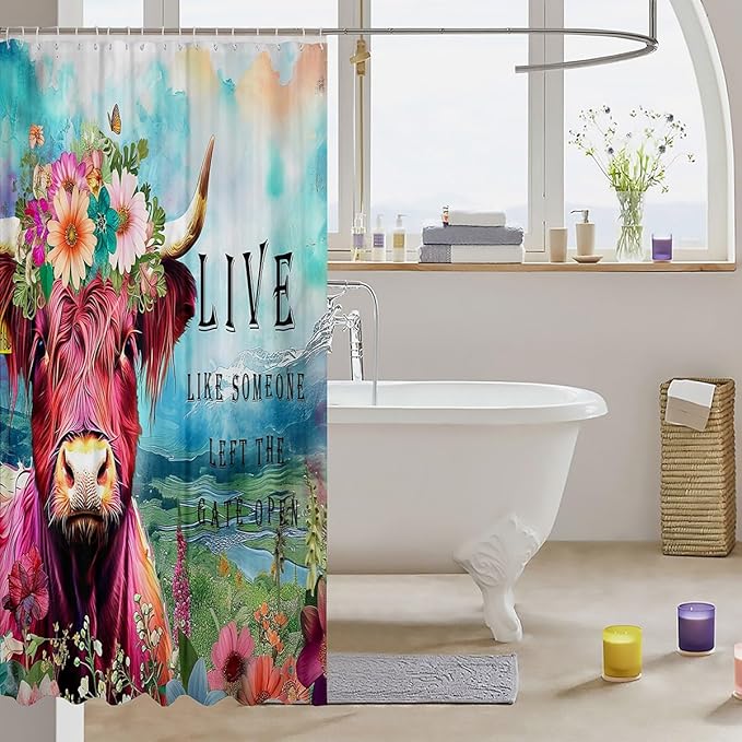 Highland Cow Flower Waterproof Shower Curtain 72"Wx78"L Bull Cattle Shower Curtain Western Funny Animal Bath Curtain Wildlife Farmhouse Cow Curtains Colored Garland Floral Wreath Bathroom Decor
