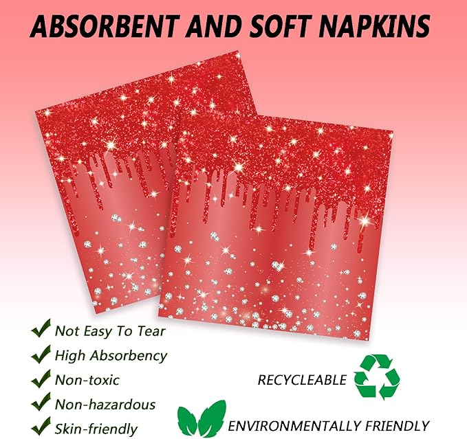 72 Pcs Red Glitter Paper Plates 7in Disposable Paper Dessert Plates Napkins and Forks Party Tableware Set Happy Birthday Table Decorations for 24 Guests Christmas Valentine's Day Red Birthday Party