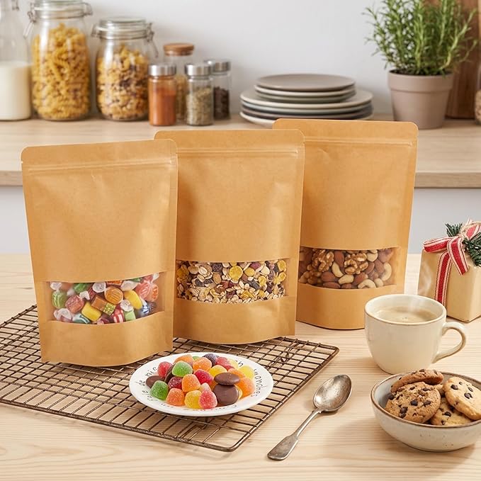 Moretoes 72pcs 7x10 Inches Resealable Bags, Kraft Paper Ziplock Bags with Window, Stand Up Pouch Bags for Coffee, Applicable to Home or Business for Packaging
