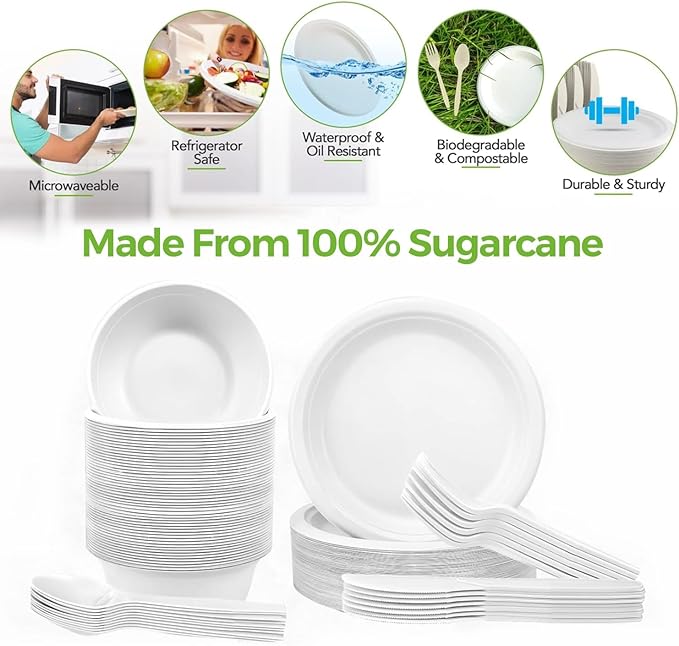 250 PCS Compostable Paper Plates and Utensils Set (EXTRA LONG), White Microwaveable Compostable Dinnerware Set, Disposable Plates, Bowls & Cutlery Includes Forks, Knives & Spoons, 50 Sets Each