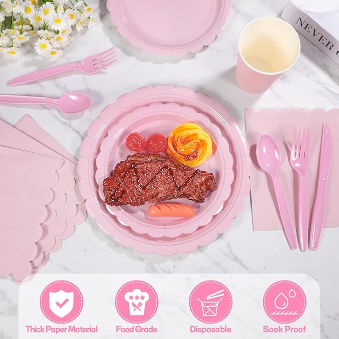 175 Pcs Pink Plates and Napkins, Pink Party Decorations Include Scalloped Birthday Plate Napkins Cups Plastic Cutlery Disposable Dinnerware for Girls Birthday, Wedding, Bridal Baby Shower