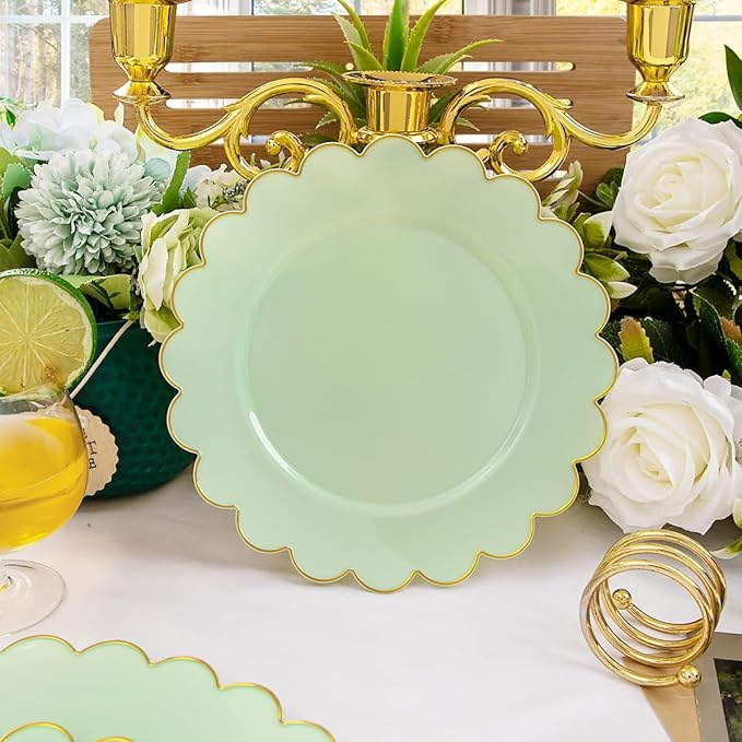 LIYH 60 Pcs Light Green Plastic Plates with Gold Edges, Disposable Sage Green and Gold Plastic Plates Includes 30 Dinner Plate 10.25 Inch and 30 Dessert Plate 7.5 Inch for Birthday Party