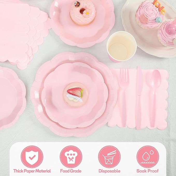 NatNarr 350 Pcs Pink Paper Plates and Napkins Set Include 9" Dinner Plates, 7" Dessert Plate Disposable Scalloped Tableware Serve 50 Guest for Wedding Baby Bridal Shower Birthday