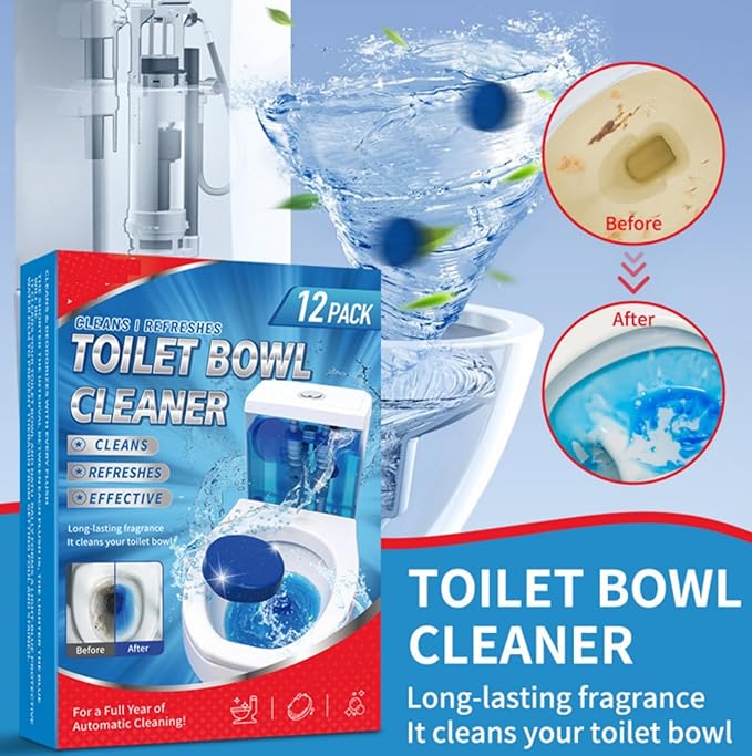 Automatic Toilet Bowl Cleaner Tablets,Put in the Toilet Tank,Long-Lasting Bathroom Tank Cleaner with Refreshing Fragrance, 12 Pack,Each tablet lasts for 7 days.