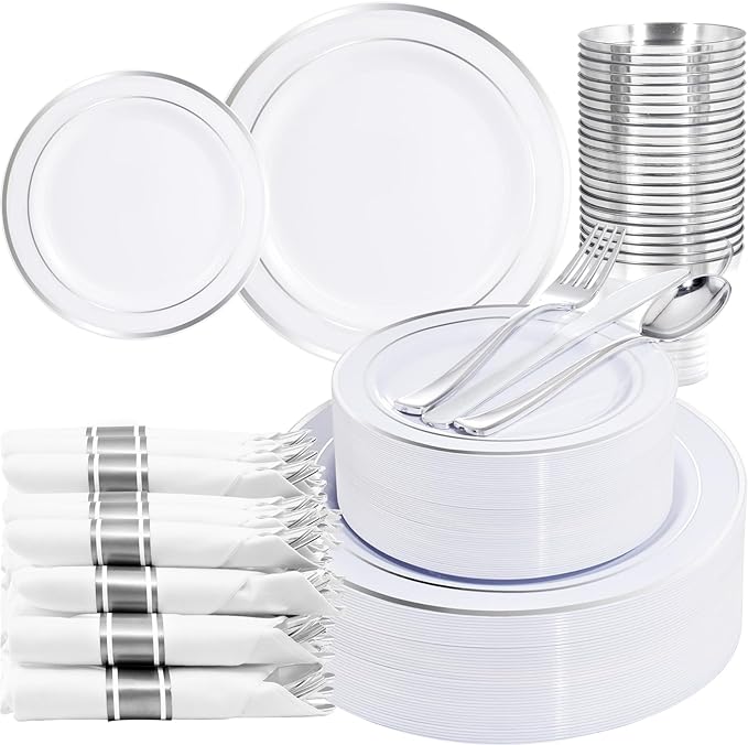 WELLIFE 210 Piece Silver Plastic Dinnerware Set for 30 Guests, Include: 30 Dinner Plates, 30 Dessert Plates, 30 Pre Rolled Napkins with Silverware and 30 Silver Cups