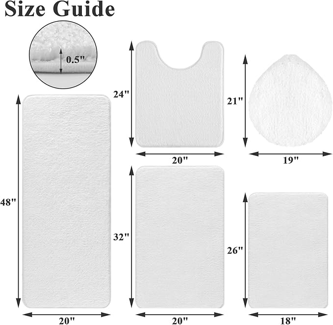 SHACOS White Bathroom Rugs 5 Piece Set - Non Slip Absorbent Washable Bath Mats with U-Shaped Toilet Rug & Lid Cover, Soft Microfiber Bath Rugs for Bathroom